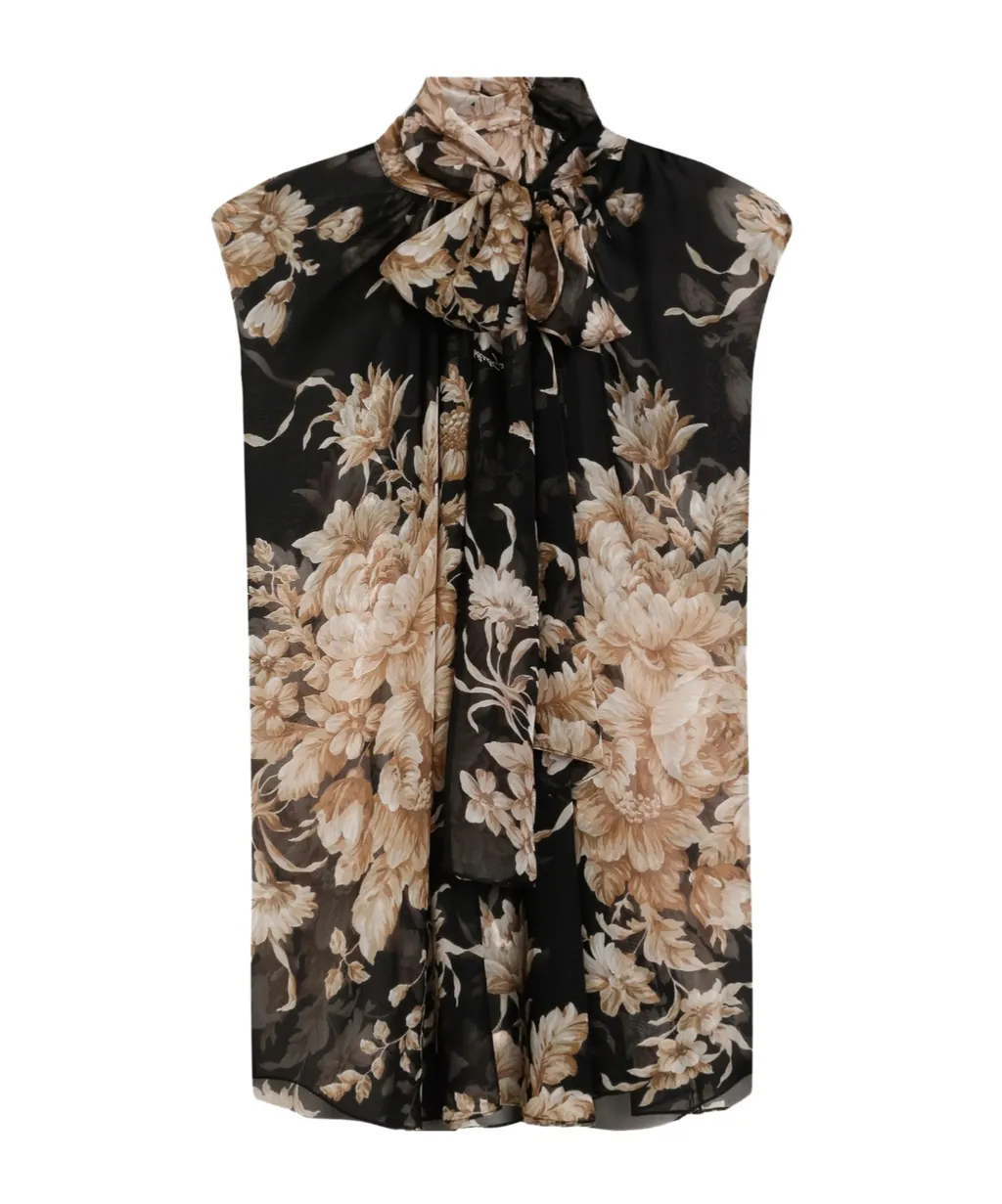 Rose-Print Chiffon Sleeveless Top