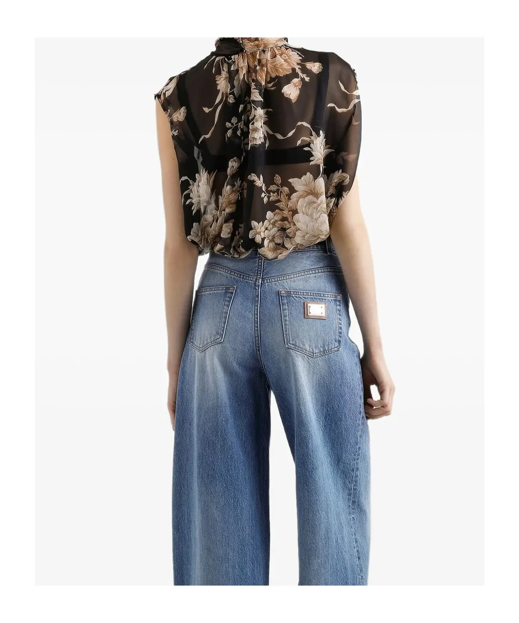 Rose-Print Chiffon Sleeveless Top