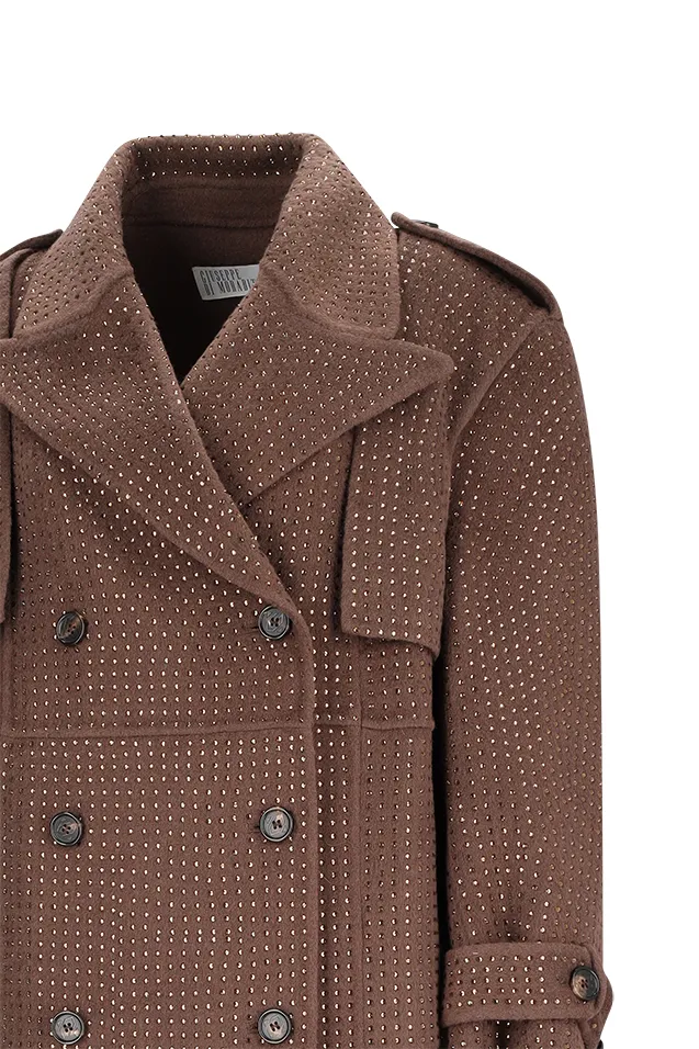 Crystal-Embellishment Double-Breasted Trench Coat