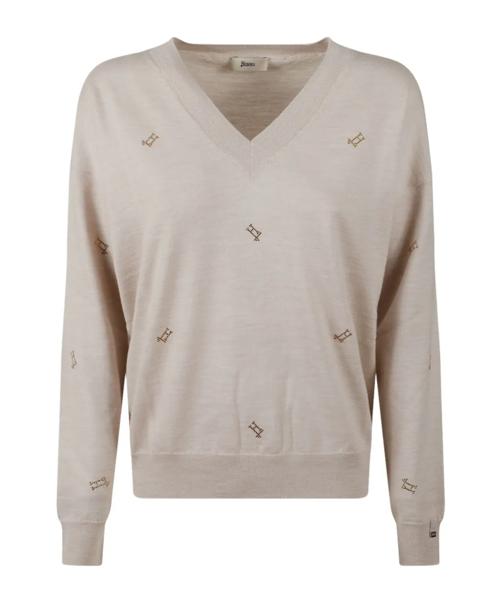 Logo Embellished V-Neck Jumper