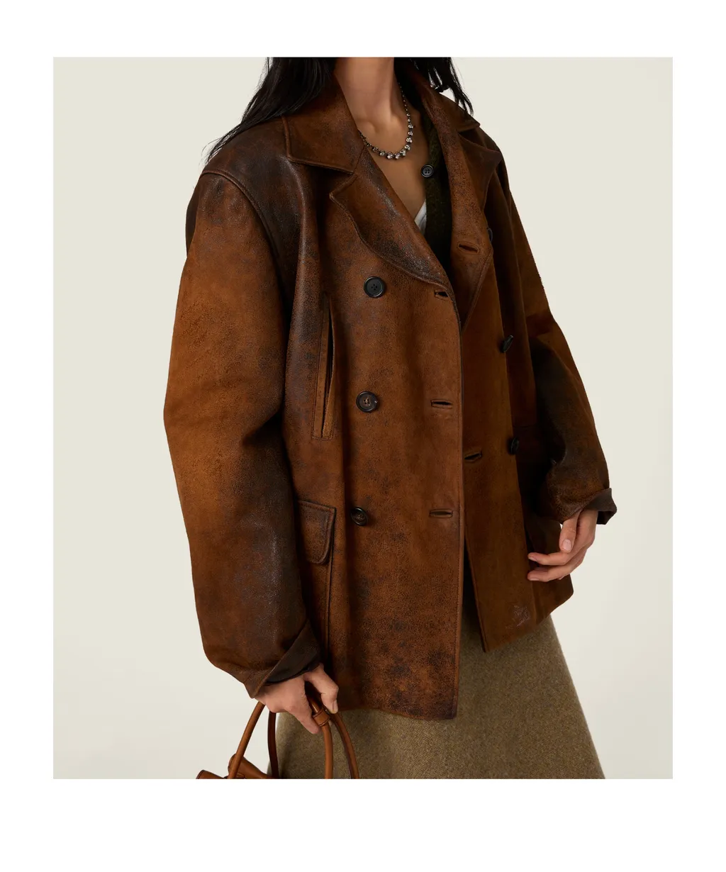 Double-Breasted Waxed Suede Caban Jacket