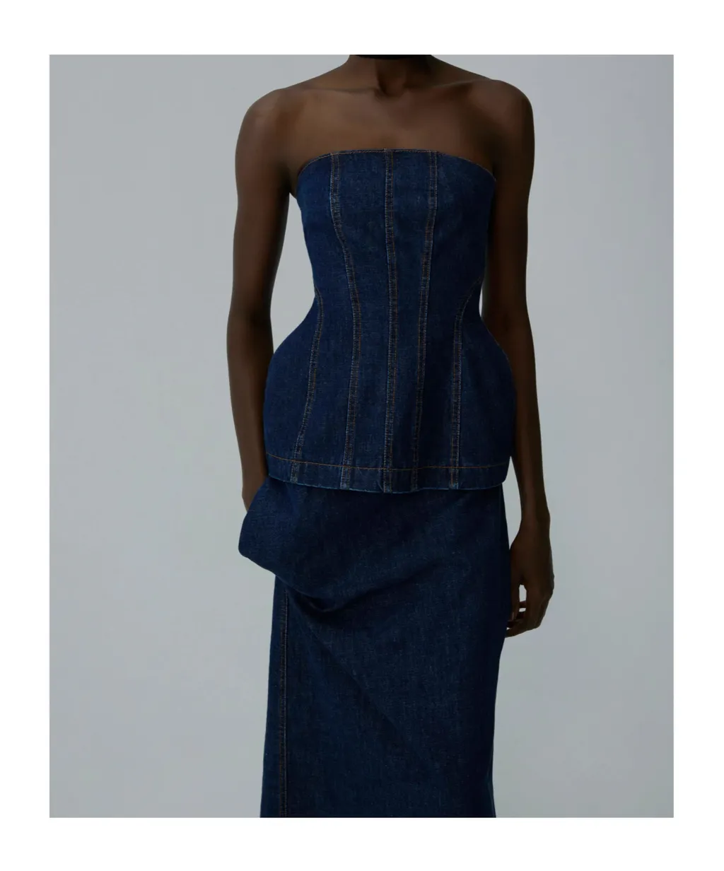 Denim Draped Midi Skirt