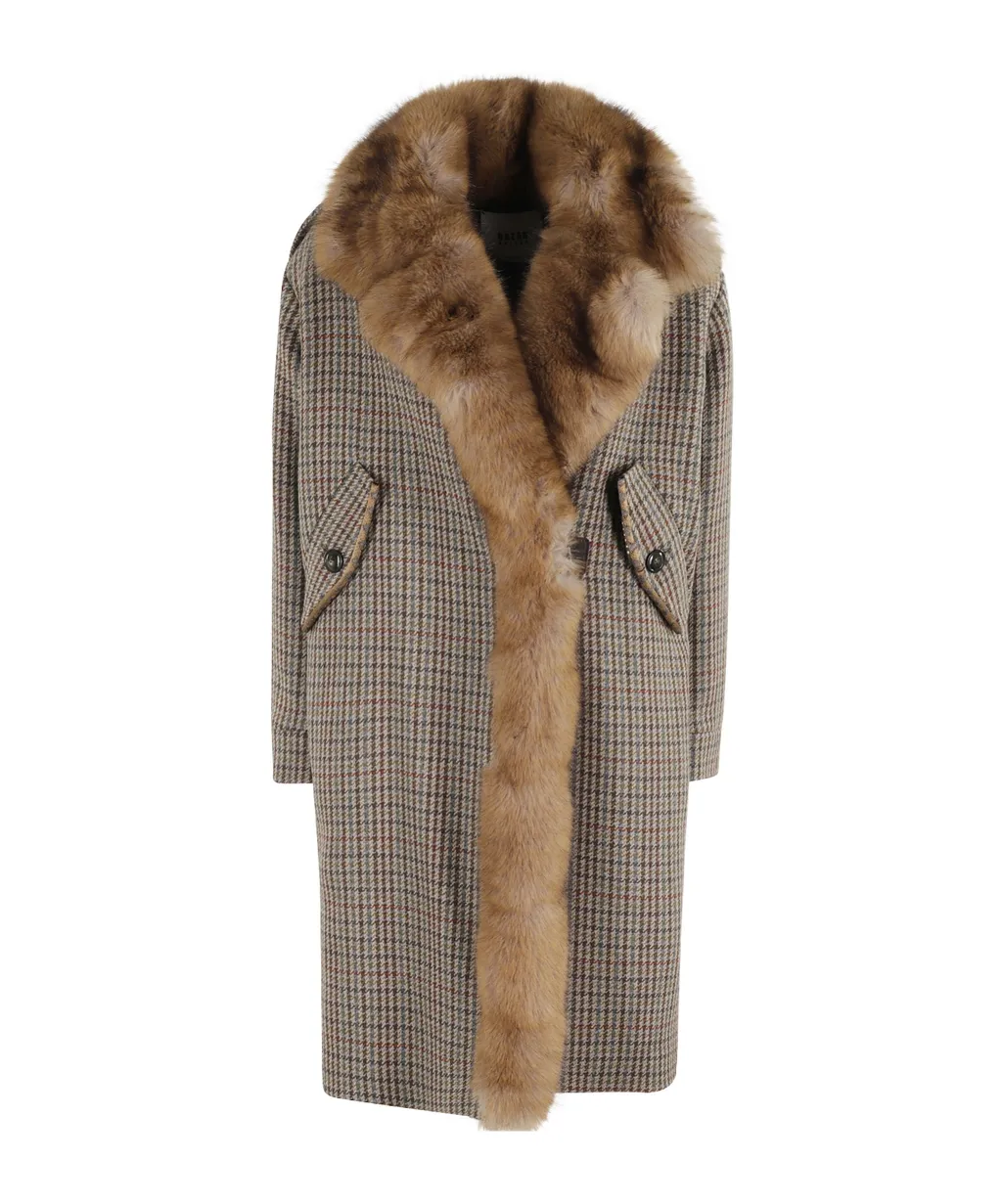 Houndstooth Fur-Trimmed Coat