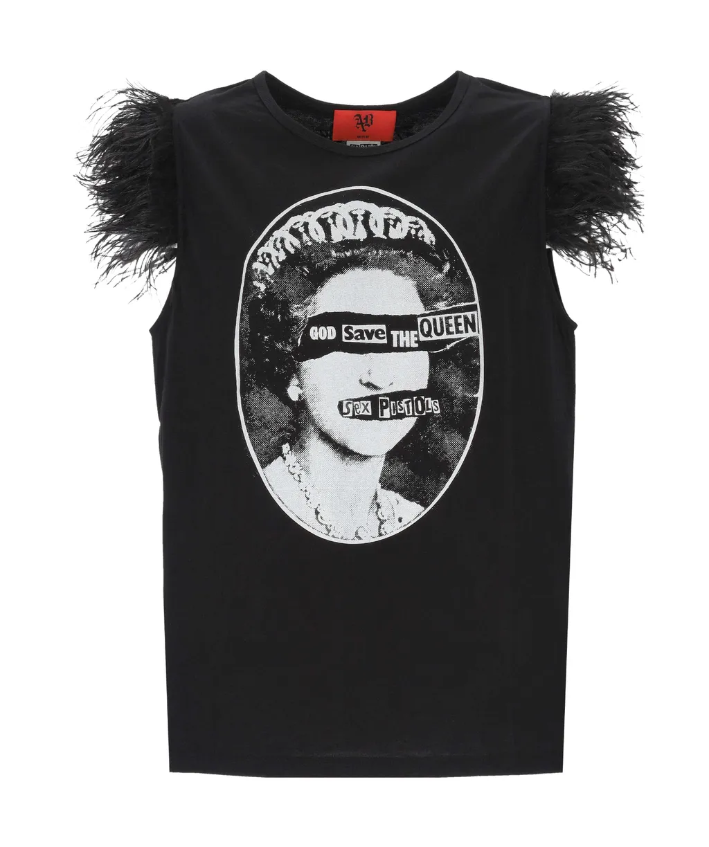 Printed Graphic T-Shirt With Feather Trim
