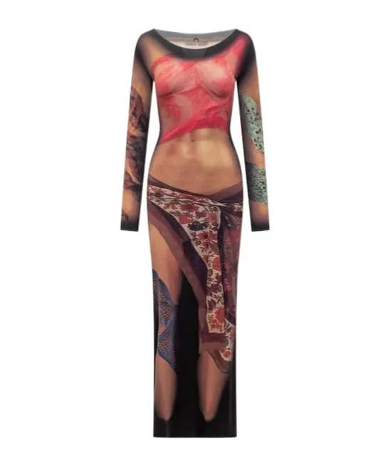 Graphic Printed Draped Long Dress