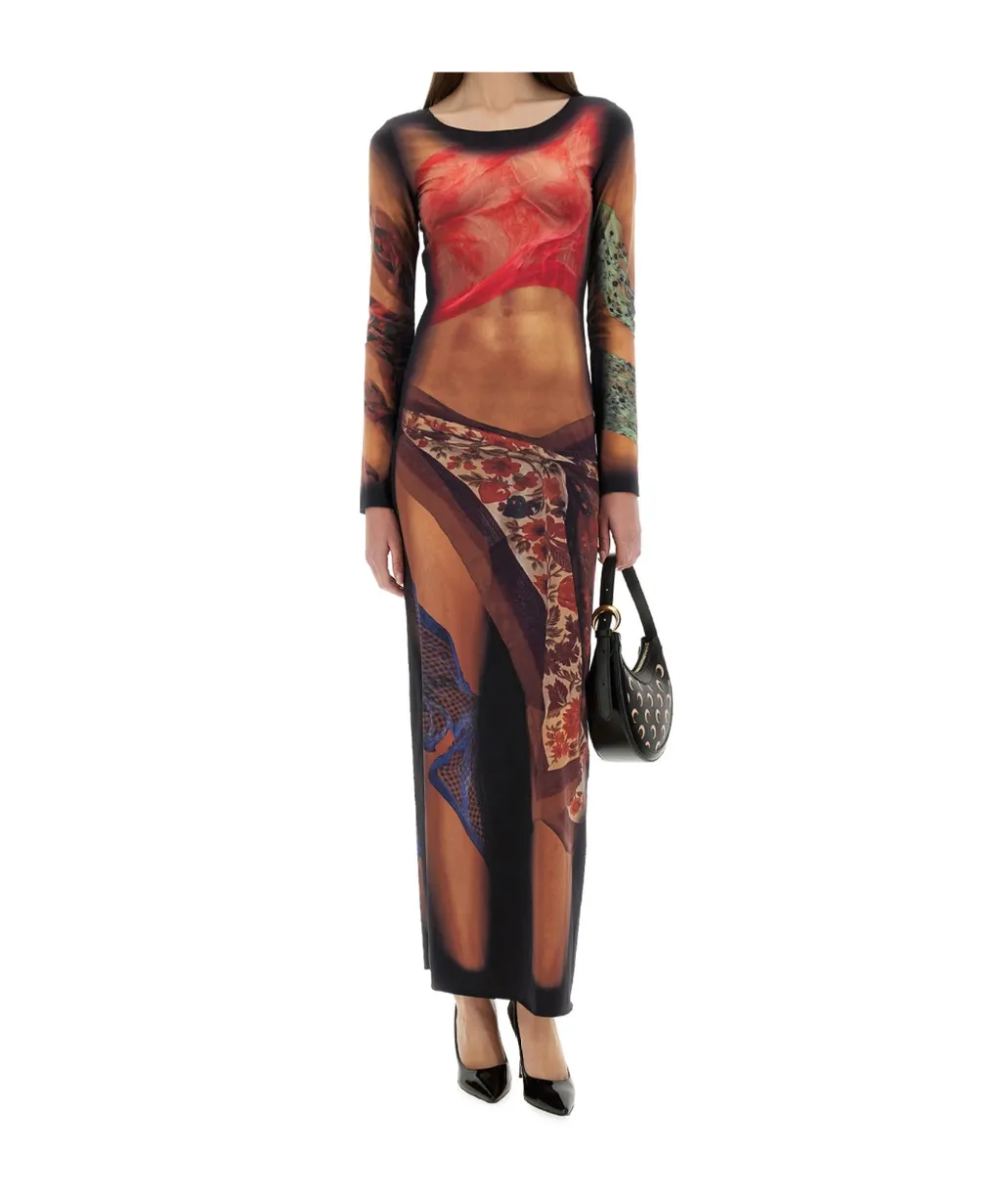 Graphic Printed Draped Long Dress
