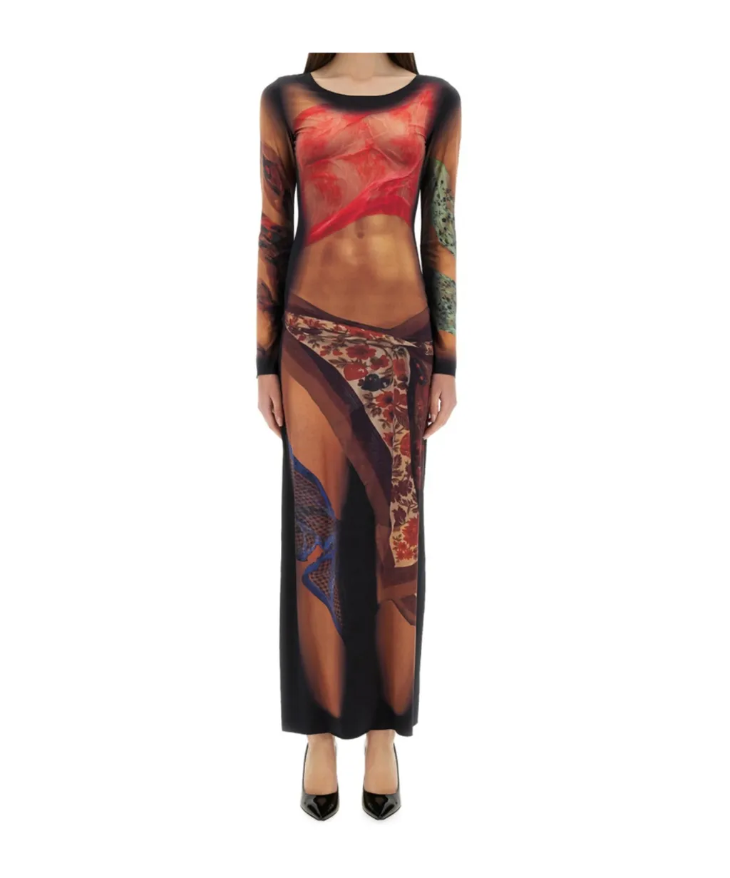 Graphic Printed Draped Long Dress