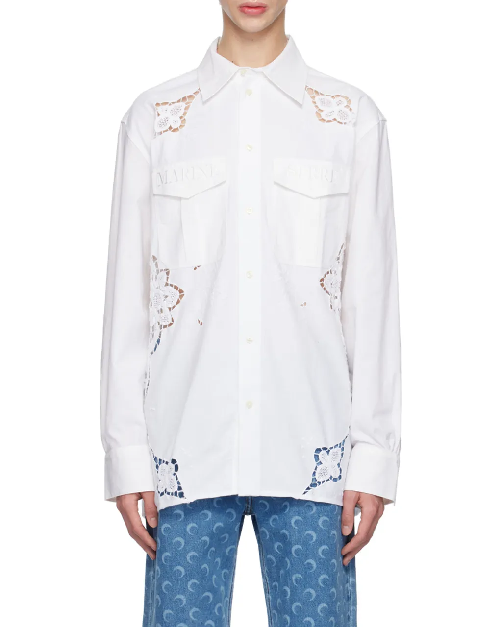 Crochet-Panel Embroidered Long-Sleeved Shirt