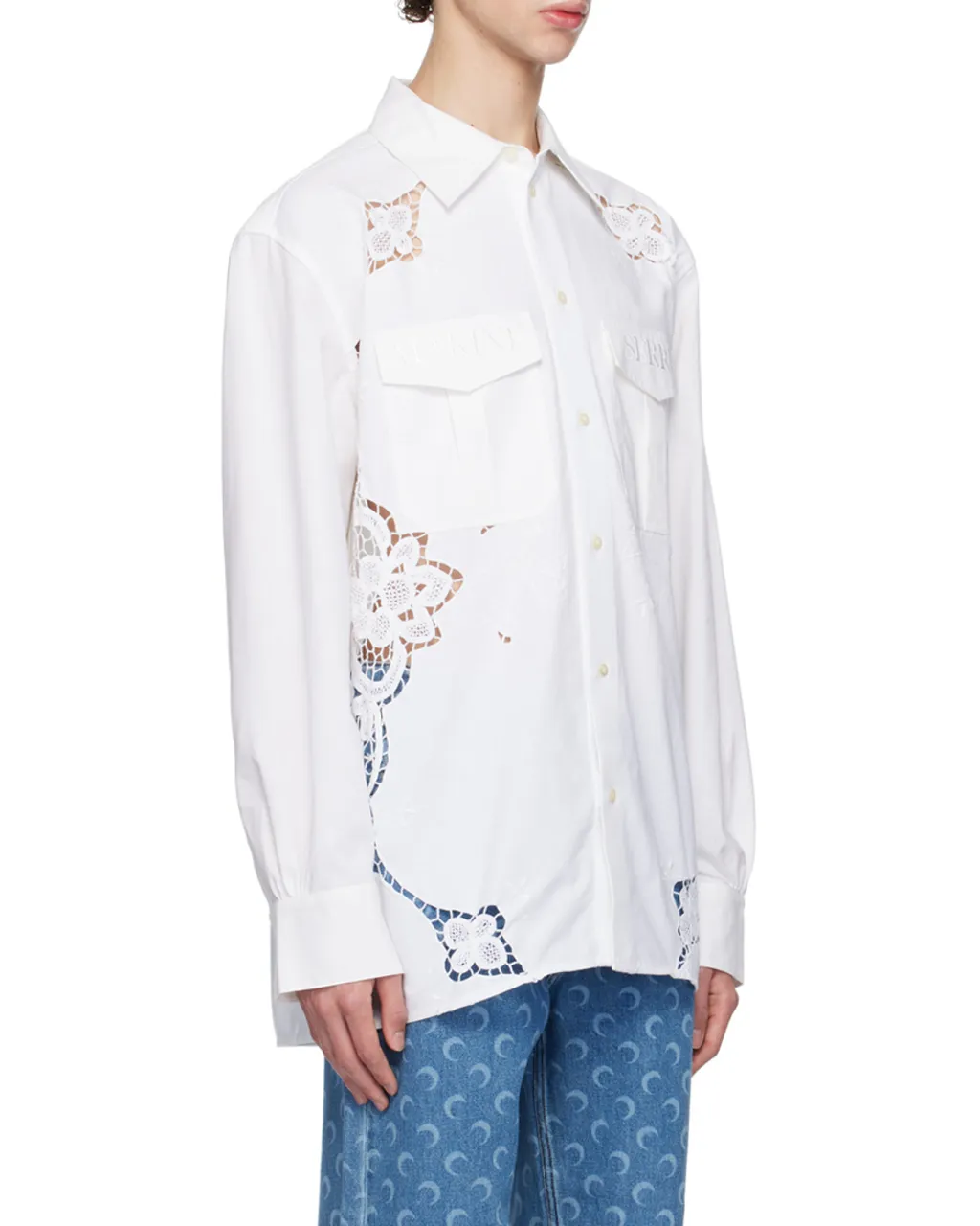 Crochet-Panel Embroidered Long-Sleeved Shirt