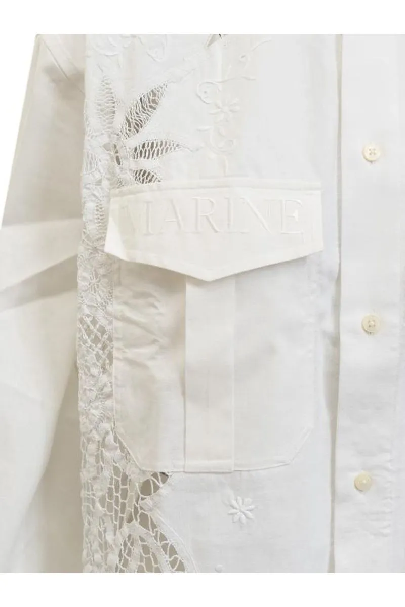 Crochet-Panel Embroidered Long-Sleeved Shirt
