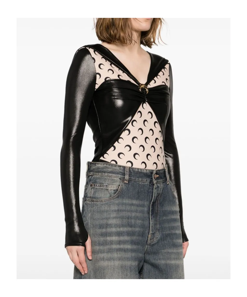 Crescent Moon Print Panelled Draped Bodysuit