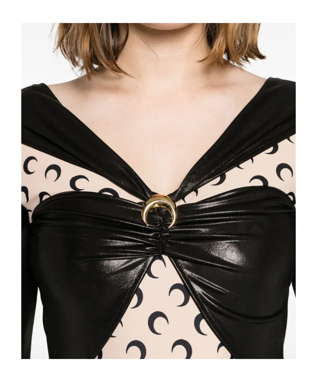 Crescent Moon Print Panelled Draped Bodysuit