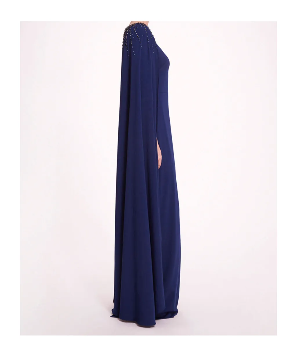 Crystal-Embellished Cape Gown