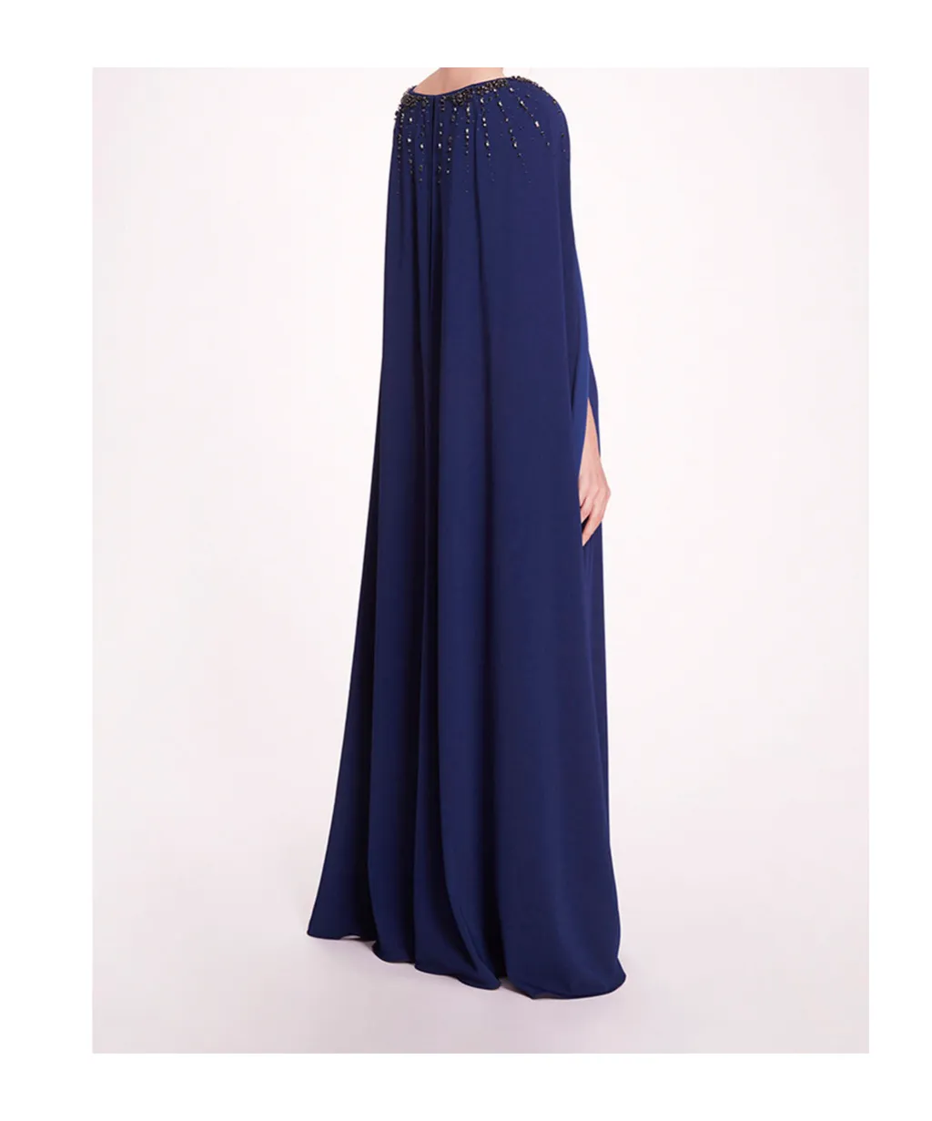 Crystal-Embellished Cape Gown