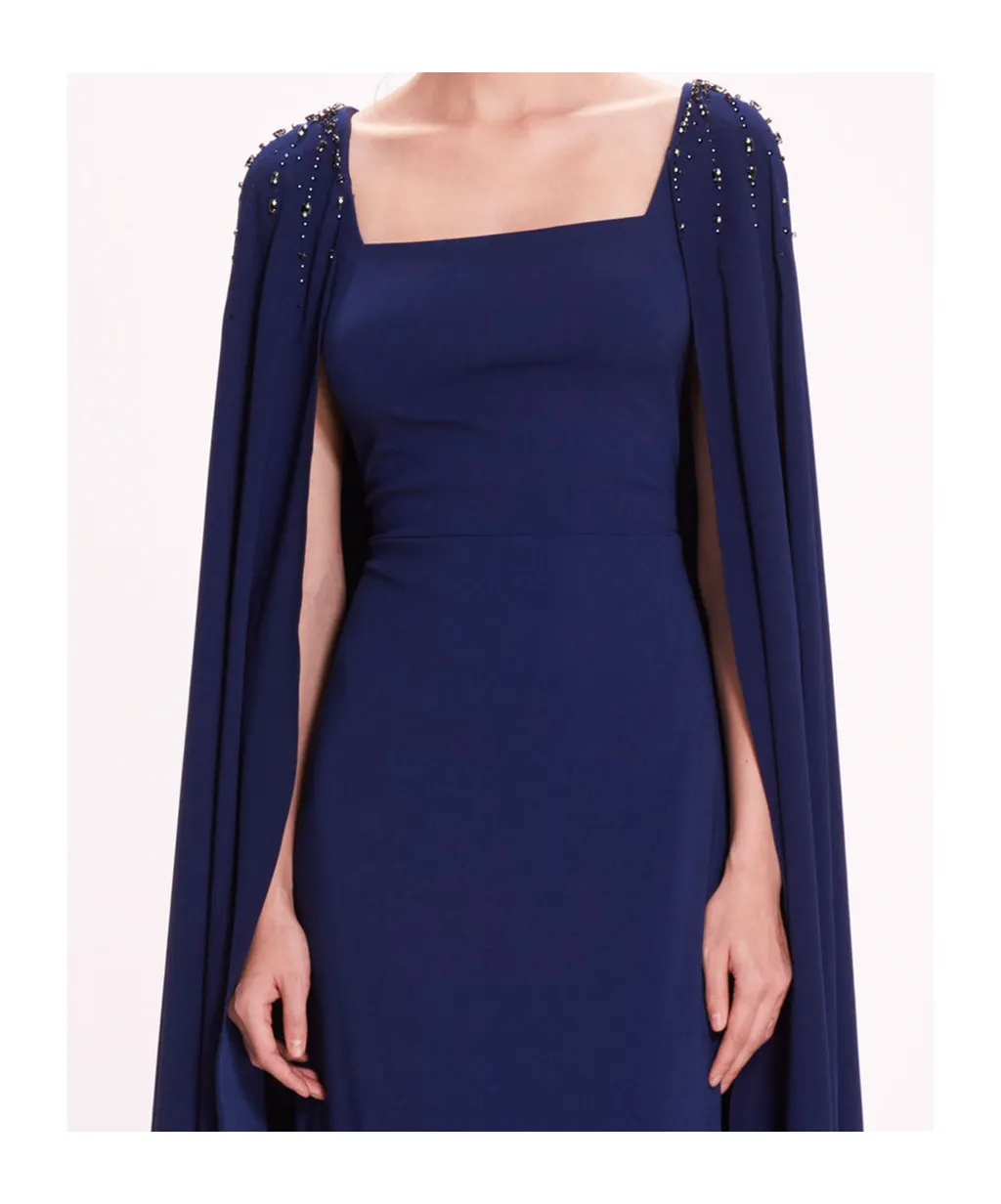 Crystal-Embellished Cape Gown
