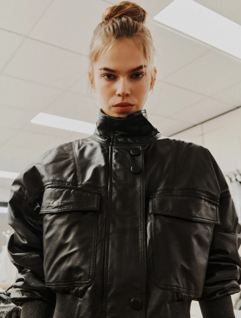 Padded Leather Bomber Jacket
