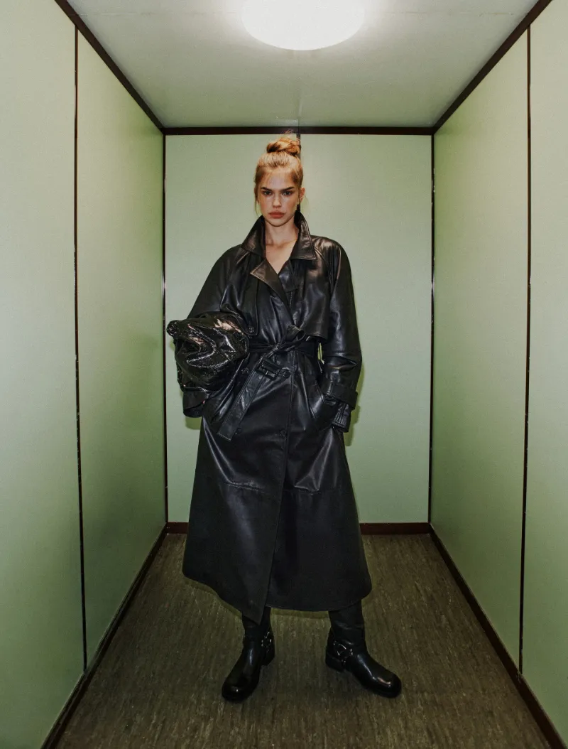 Padded Leather Trench Coat