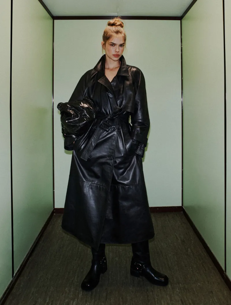 Padded Leather Trench Coat