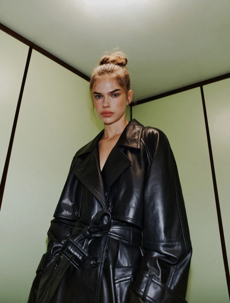 Padded Leather Trench Coat