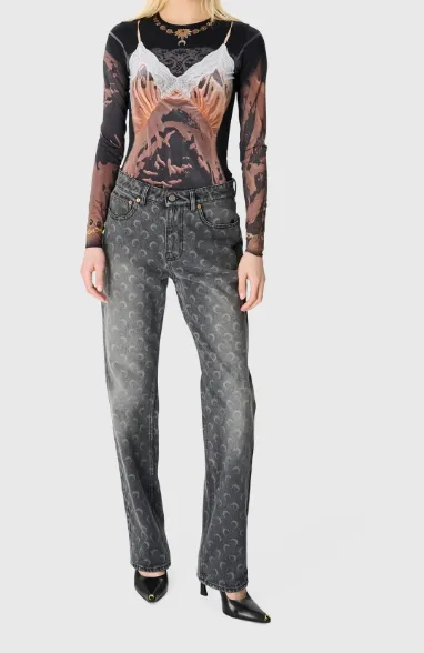 Moon Laser Wash Denim Straight Jeans