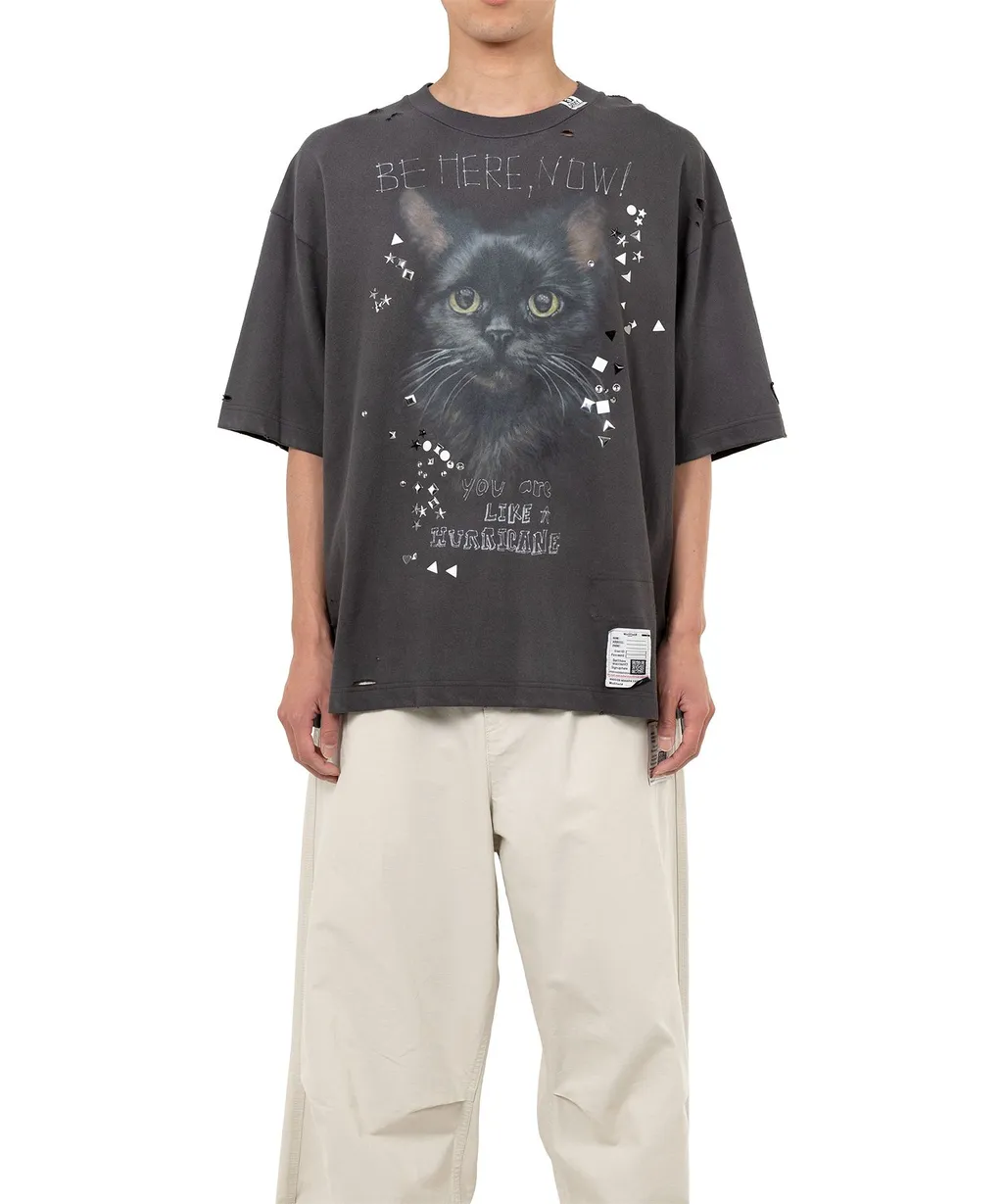 Cat Printed Embellished Distressed T-Shirt