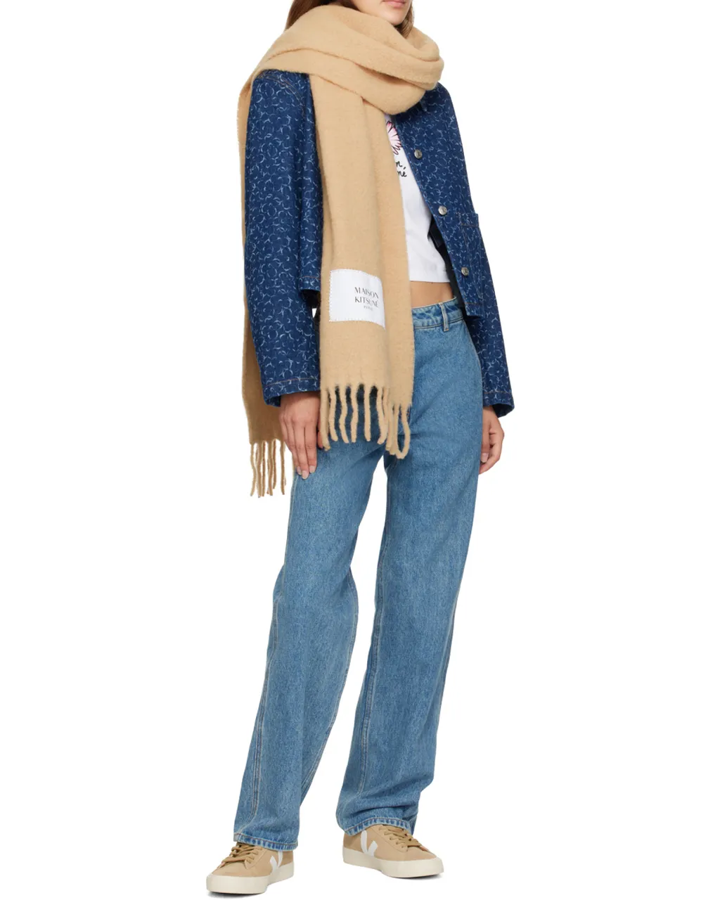 Logo Patch Fringed Knit Scarf