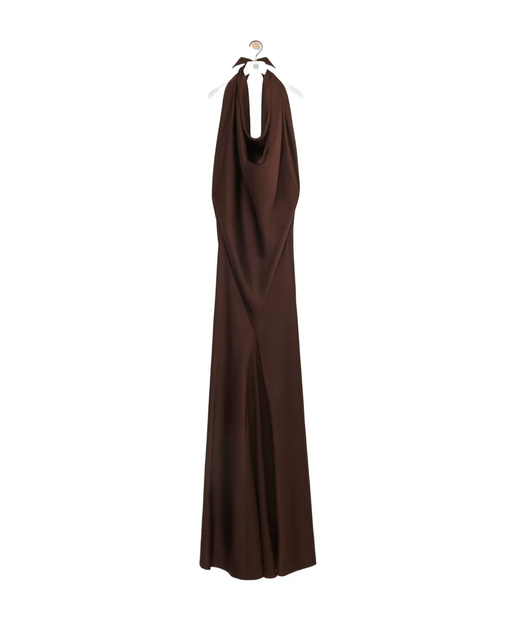 Long Scarf Open-Back Halterneck Satin Dress