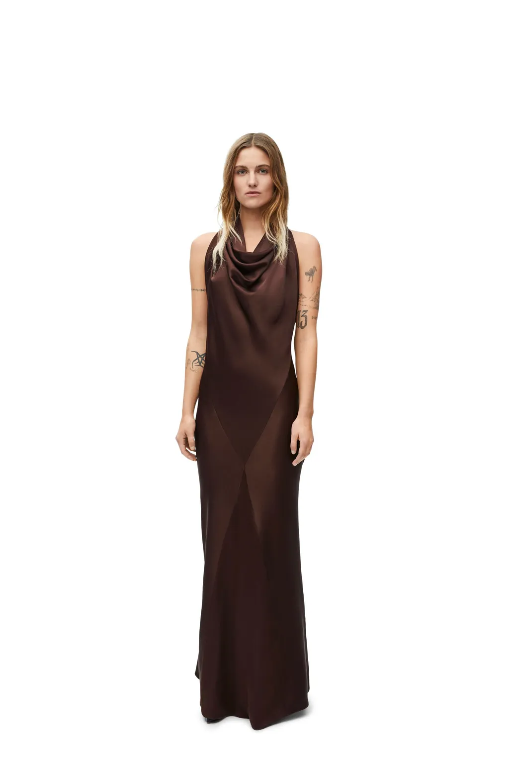 Long Scarf Open-Back Halterneck Satin Dress