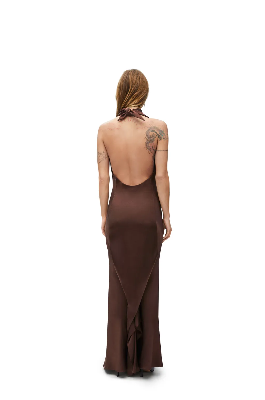 Long Scarf Open-Back Halterneck Satin Dress