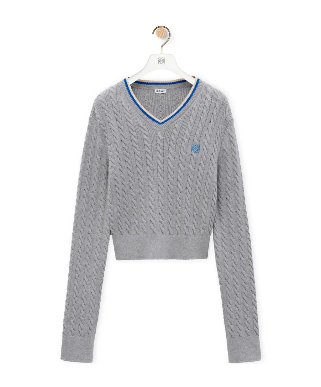 Cropped Cable Knit V-Neck Sweater