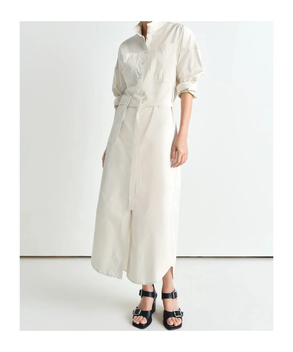 Long-Sleeved Belted Maxi Shirt Dress