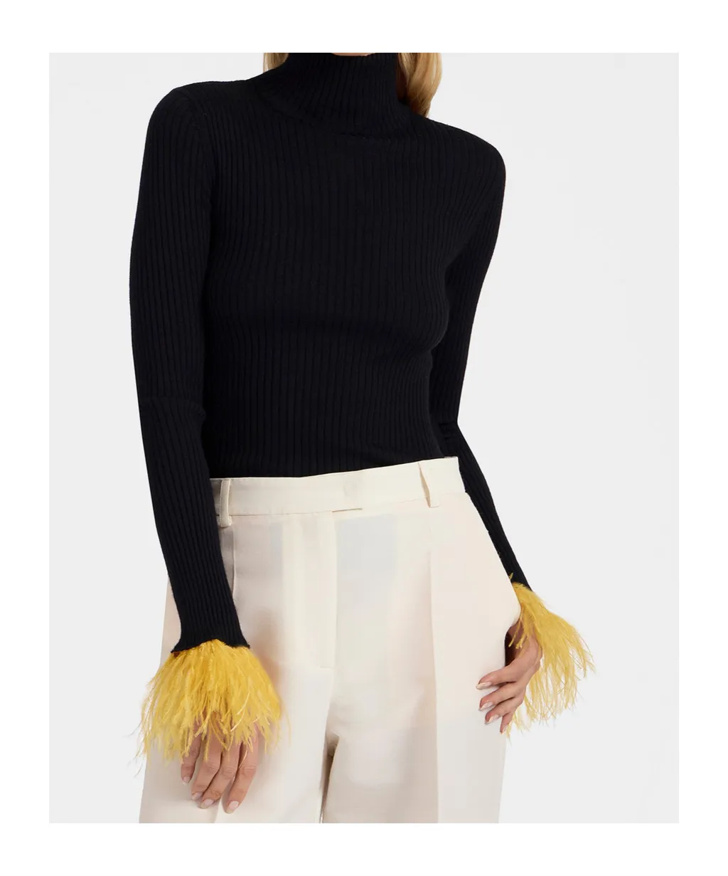 Feather-Cuff Ribbed-Knit Jumper