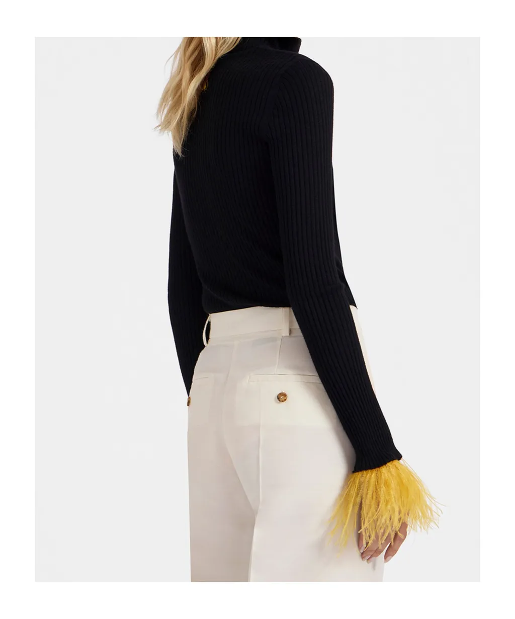 Feather-Cuff Ribbed-Knit Jumper