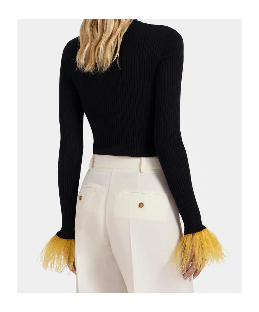 Feather-Cuff Ribbed-Knit Jumper