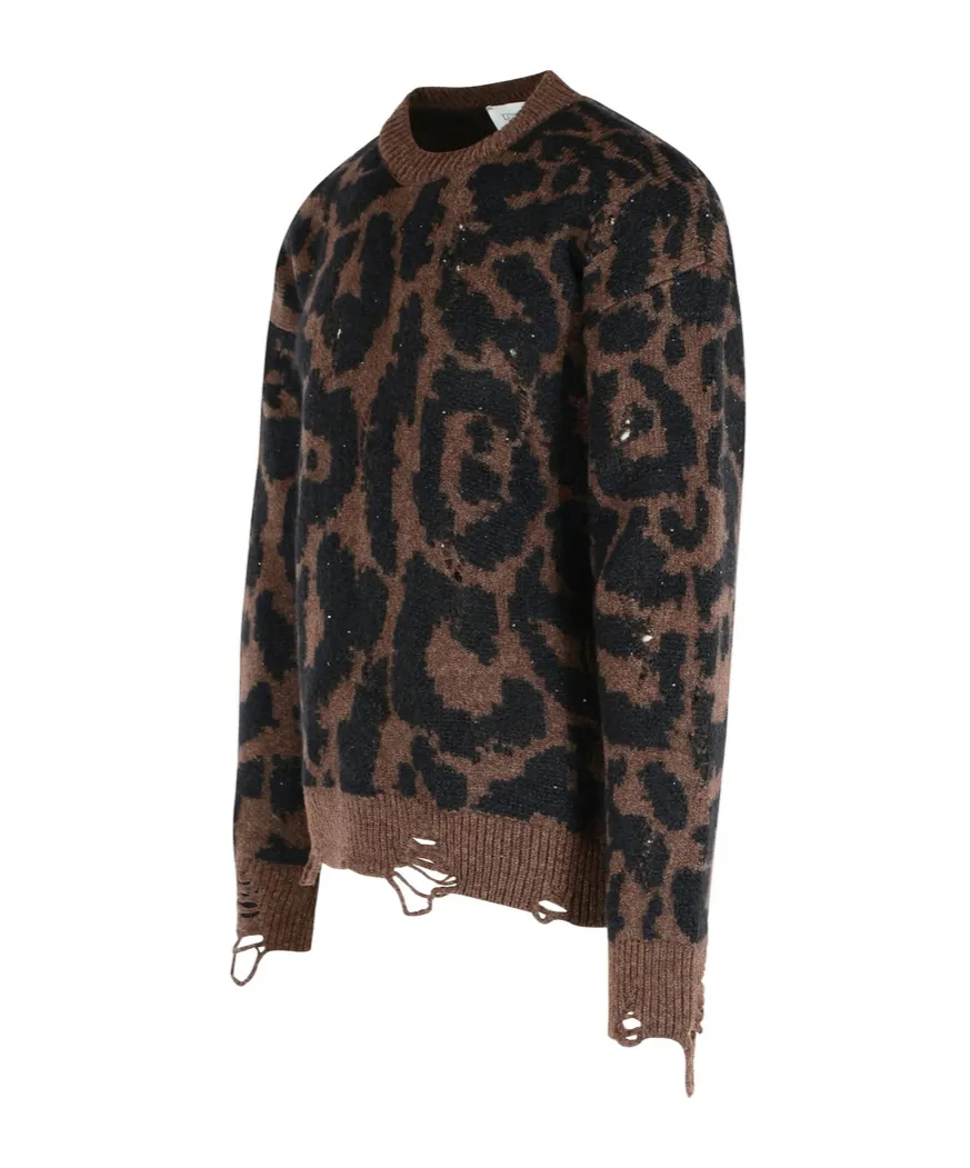 Leopard-Print Frayed-Trim Sweater