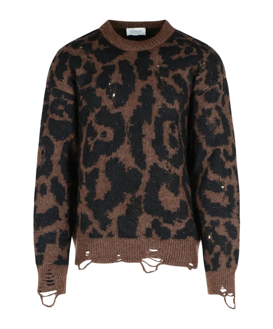 Leopard-Print Frayed-Trim Sweater