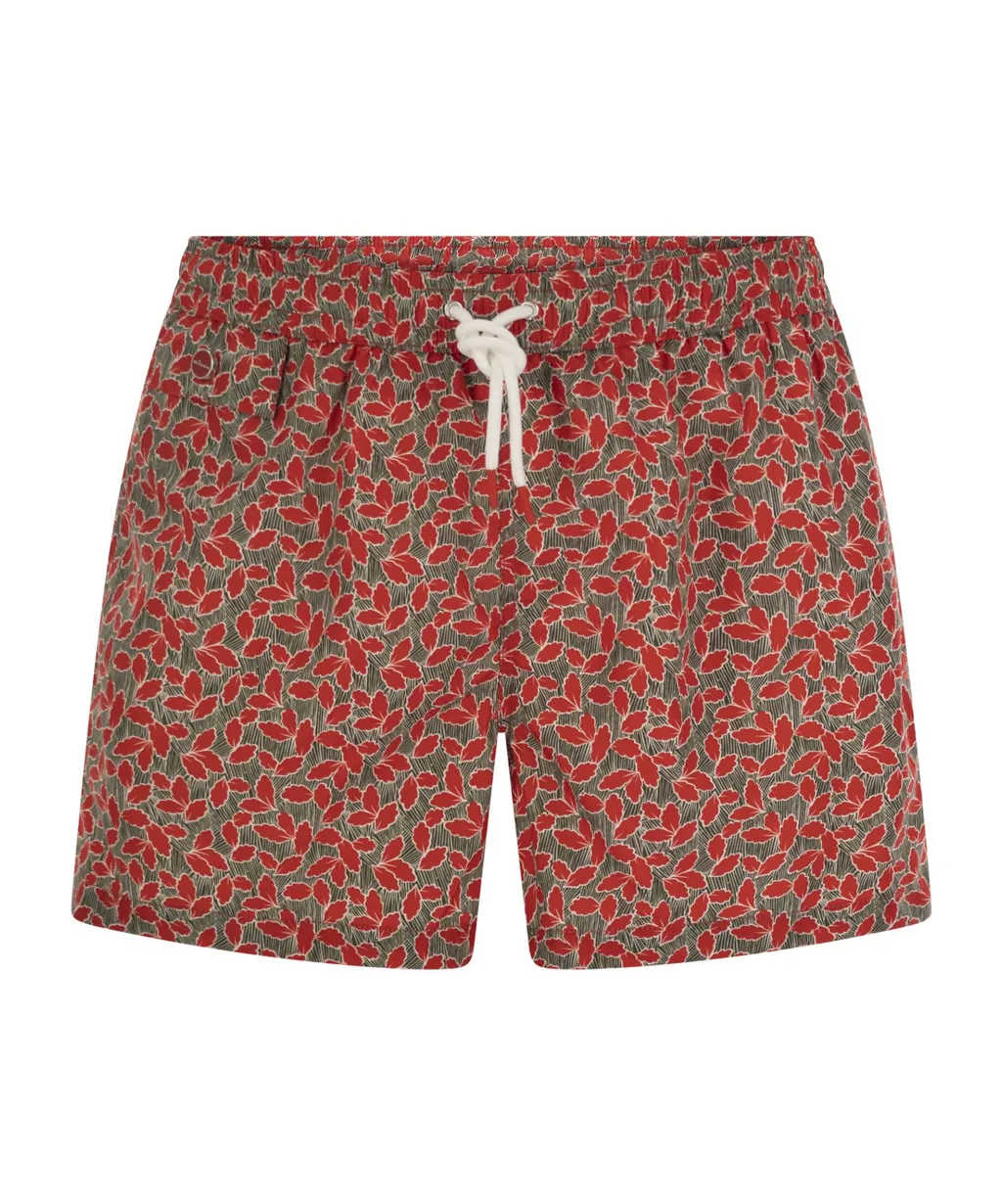 Leaf Printed Drawstring Swim Shorts