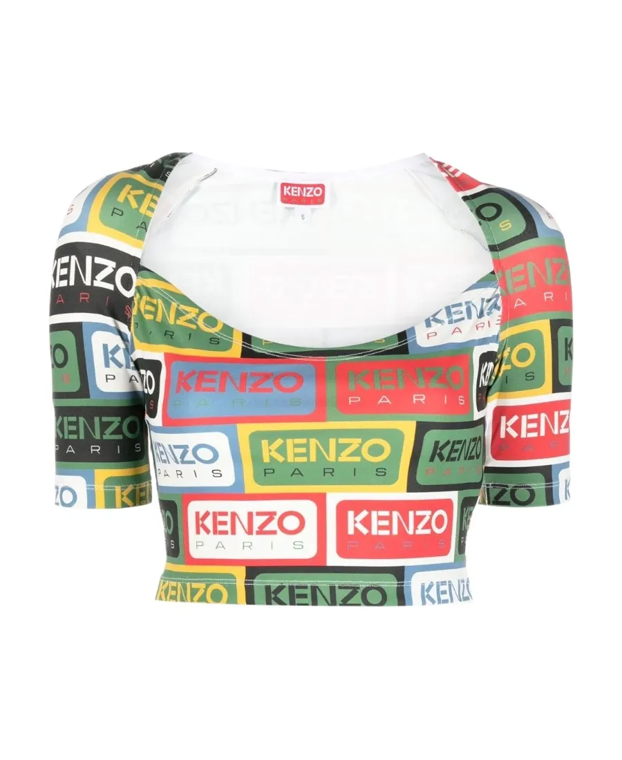 All-Over Logo Printed Crewneck Crop Top