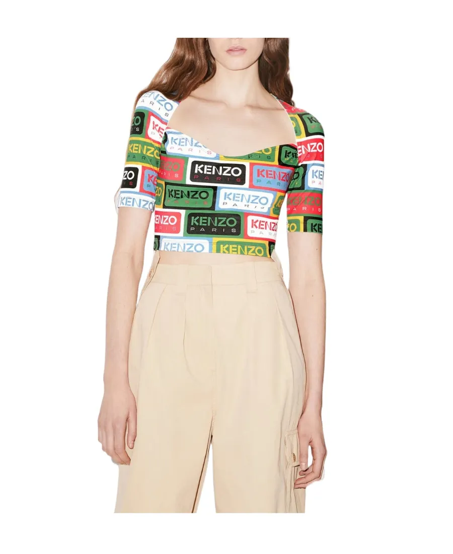 All-Over Logo Printed Crewneck Crop Top