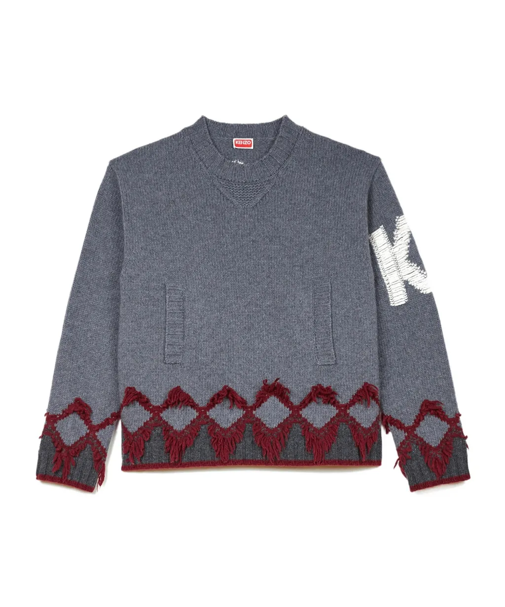 Patterned Jacquard Frayed Knit Jumper