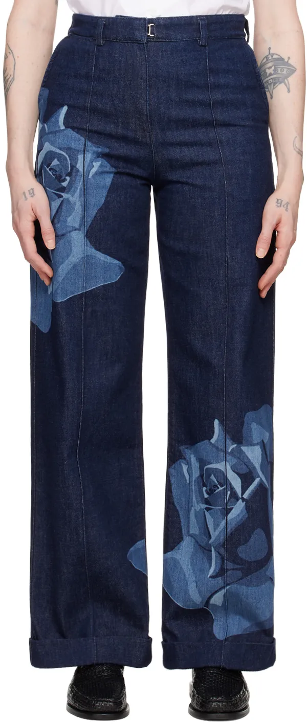 Rose Printed Wide-Leg Jeans
