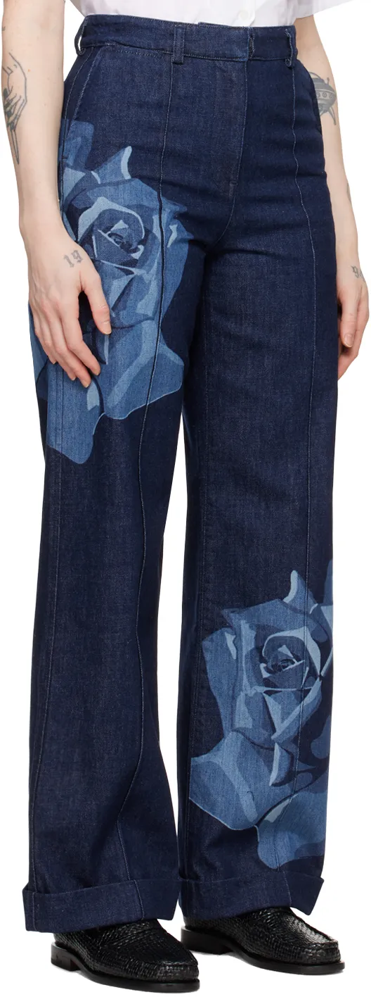 Rose Printed Wide-Leg Jeans