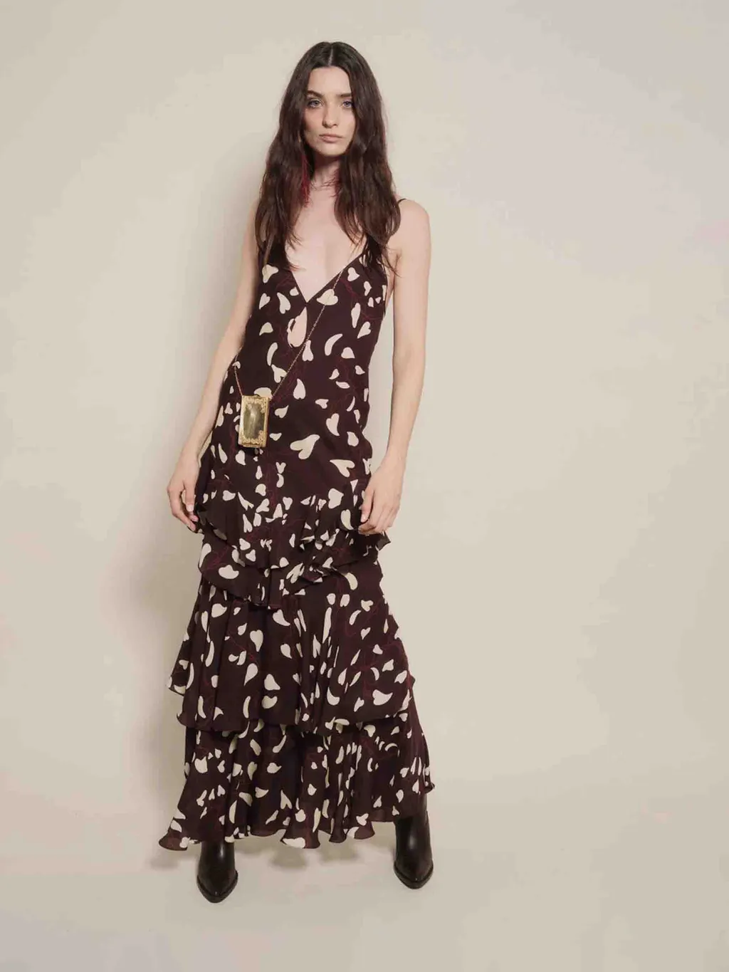 Heart Print Ruffled Maxi Dress