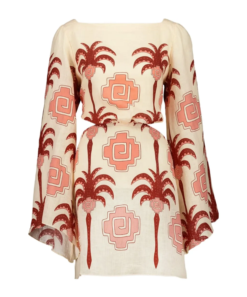 Wave After Wave Palm-Tree Print Open-Neck Mini Dress