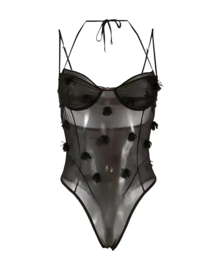 Fringe-Detail Sheer Bodysuit