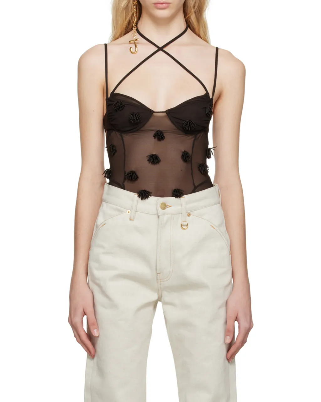 Fringe-Detail Sheer Bodysuit