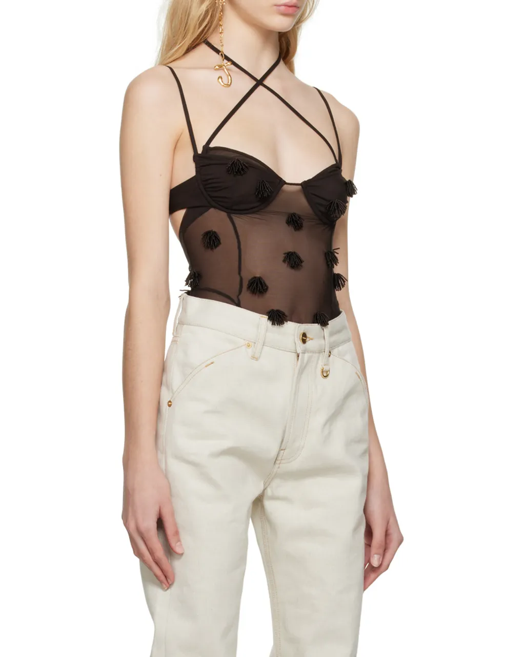 Fringe-Detail Sheer Bodysuit