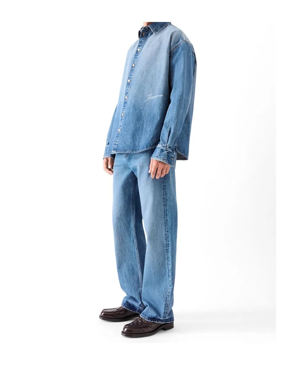 Logo Embroidered Button-Up Denim Shirt
