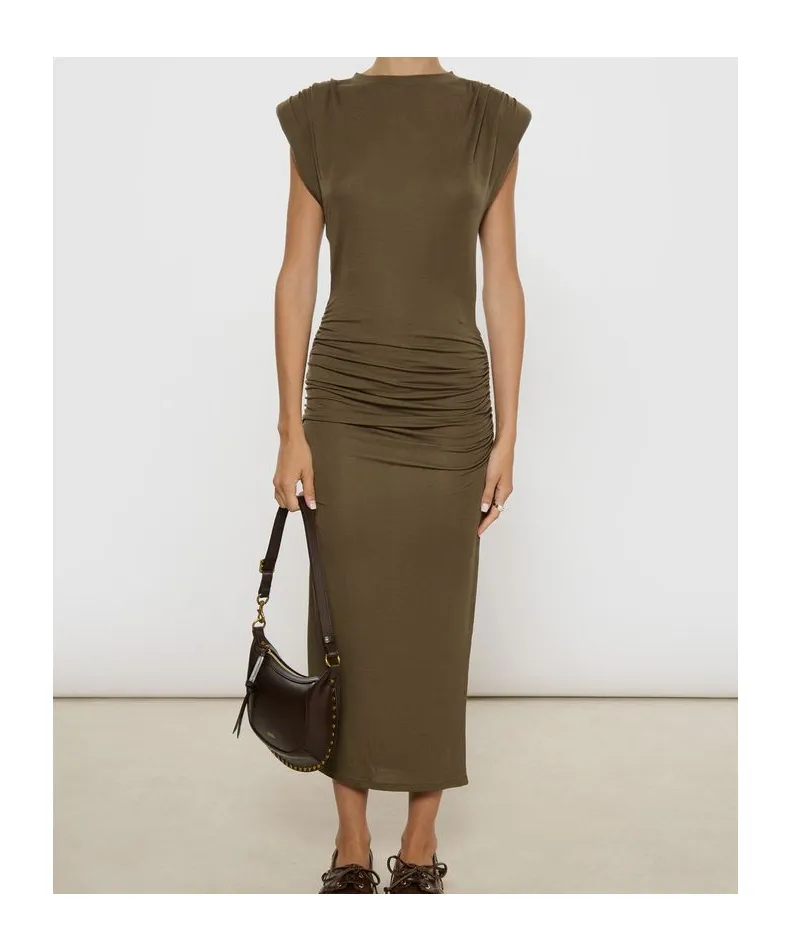 Padded-Shoulder Midi Dress