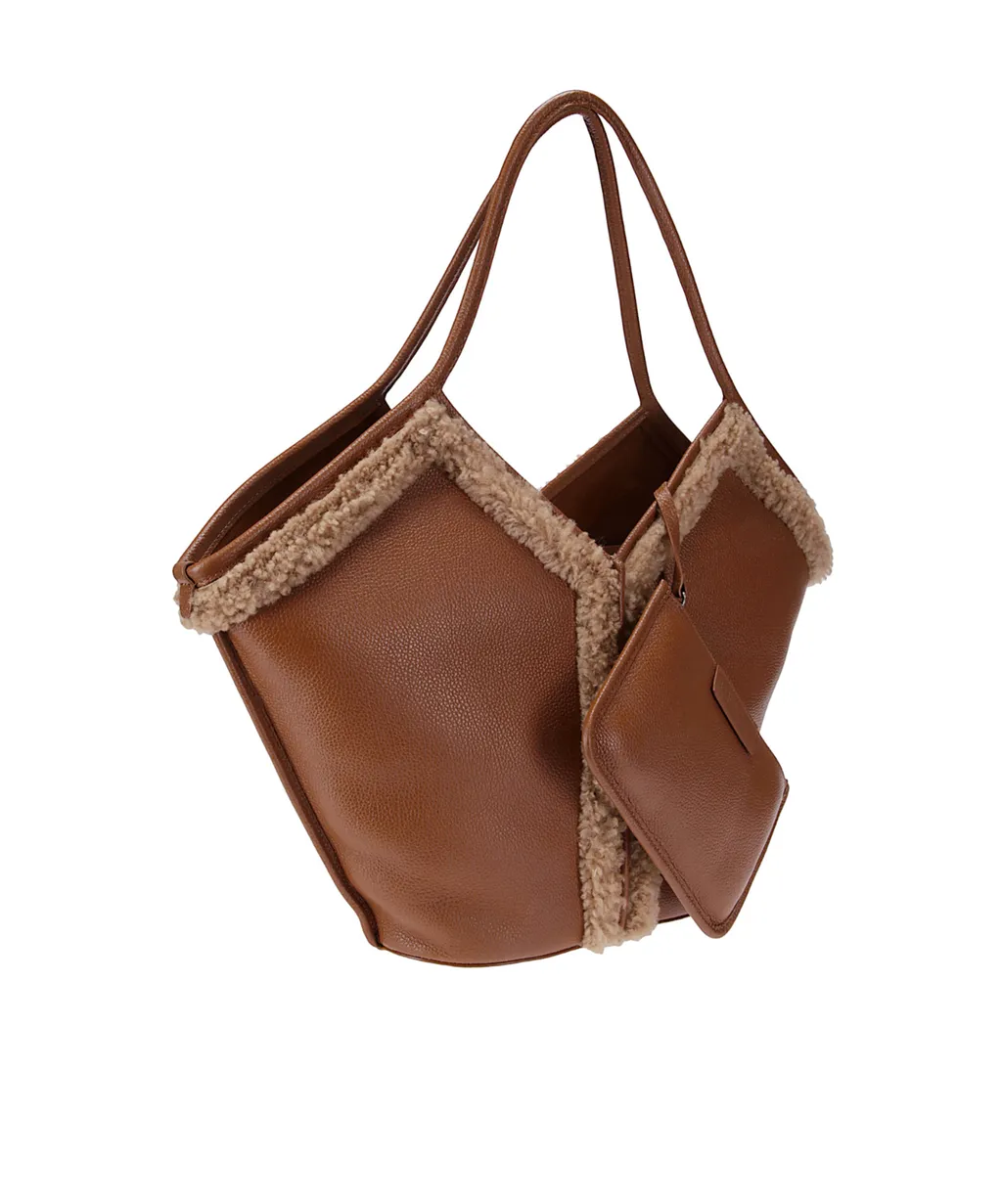 Shearling-Trimmed Leather Tote Bag